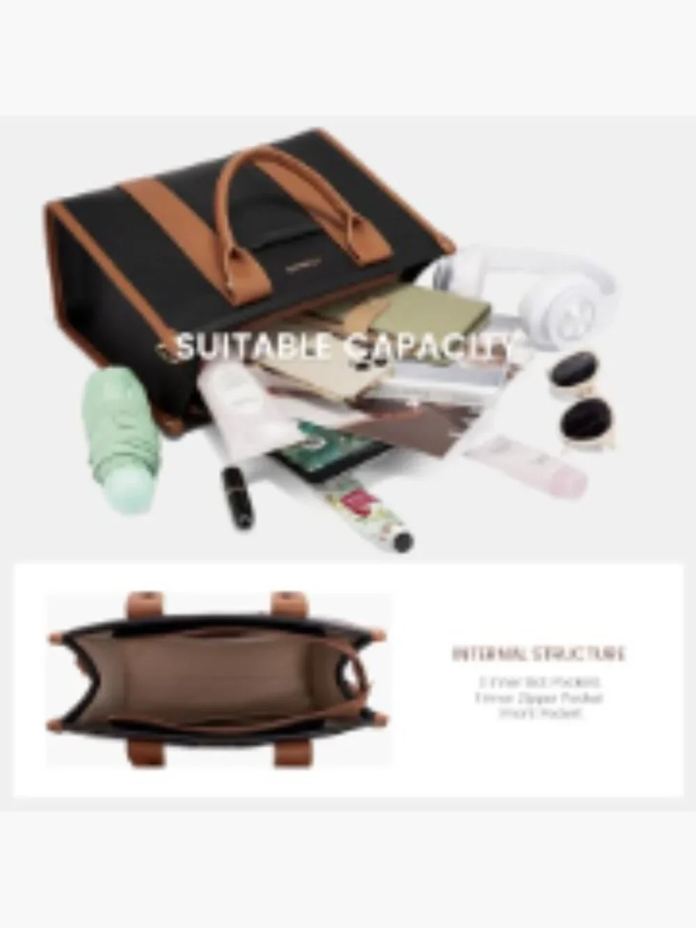 Faux Leather Satchel Tote Handbag with Zipper, Top Handle and Crossbody Strap,